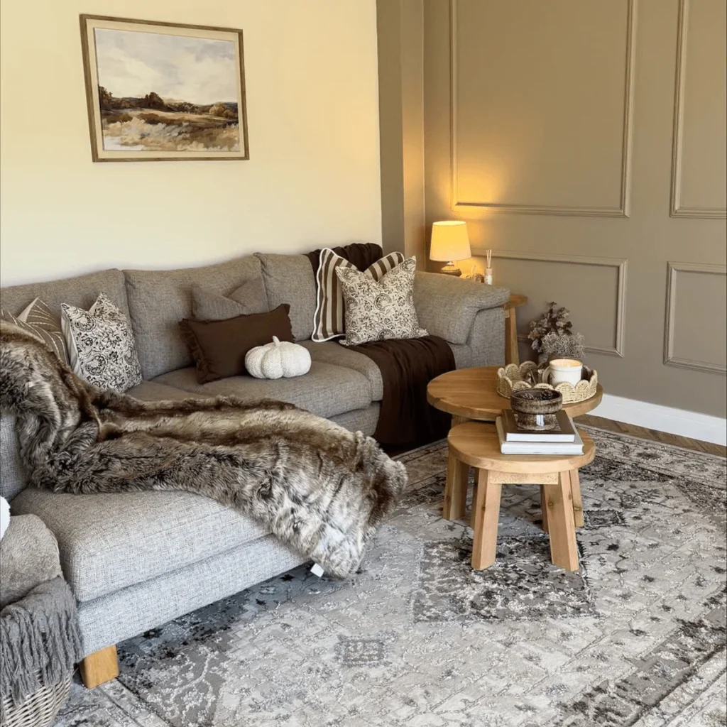 Natural material room decor using wood, fabric, and earthy textures